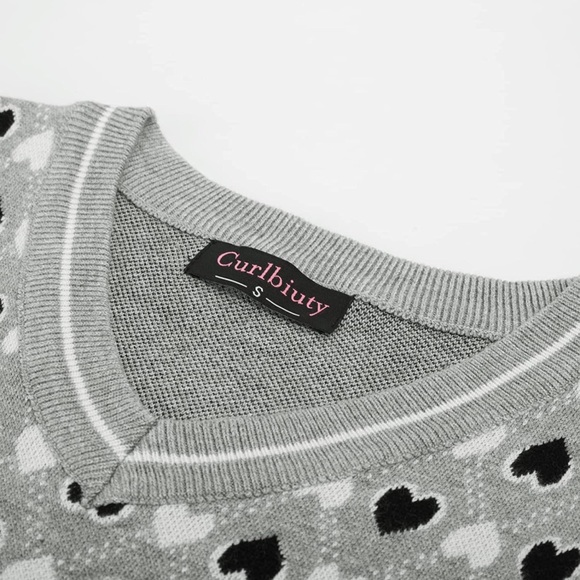 Women's Argyle Sweater Vest Sleeveless V Neck Knit Heart Knitwear Top Grey M - Picture 4 of 6